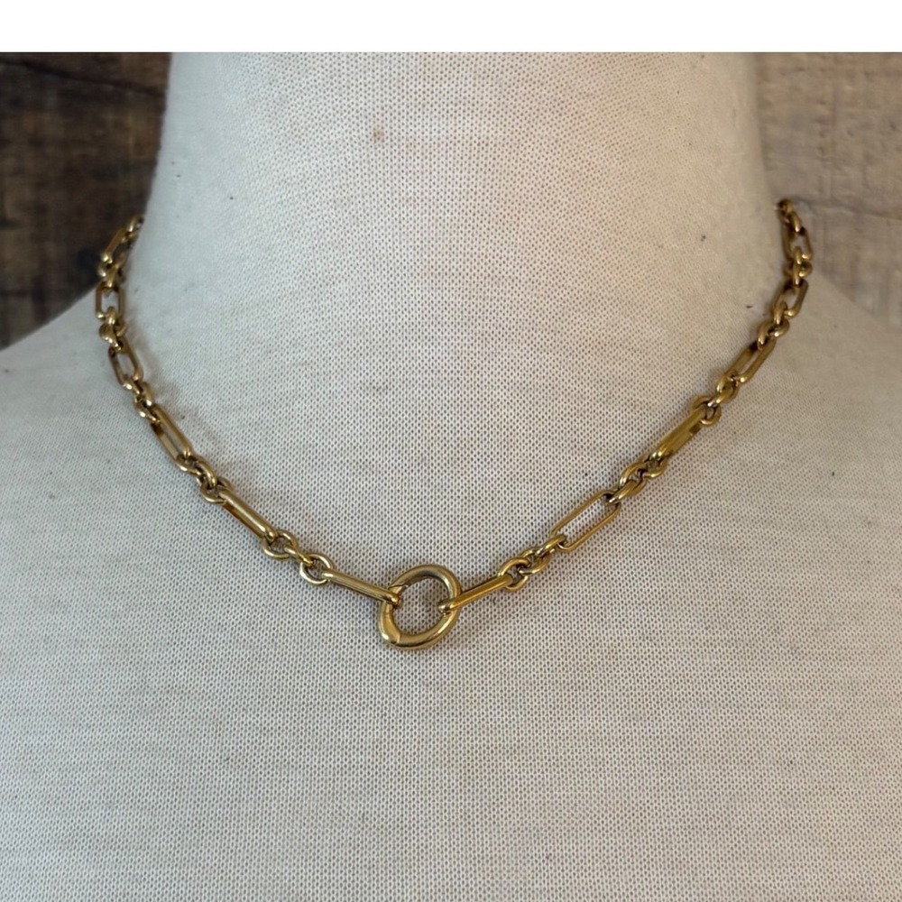 Gold Tone Mixed Bar and Cable Link Necklace with Center Ring Detail